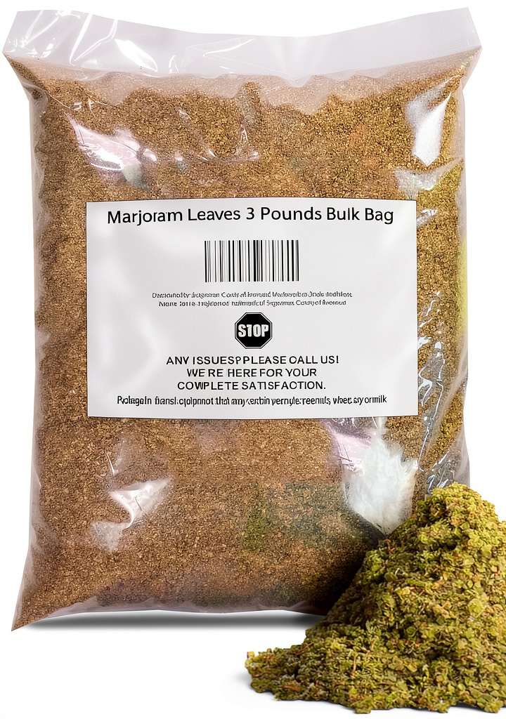 Naturejam Marjoram Leaves in a bulk bag on a kitchen counter