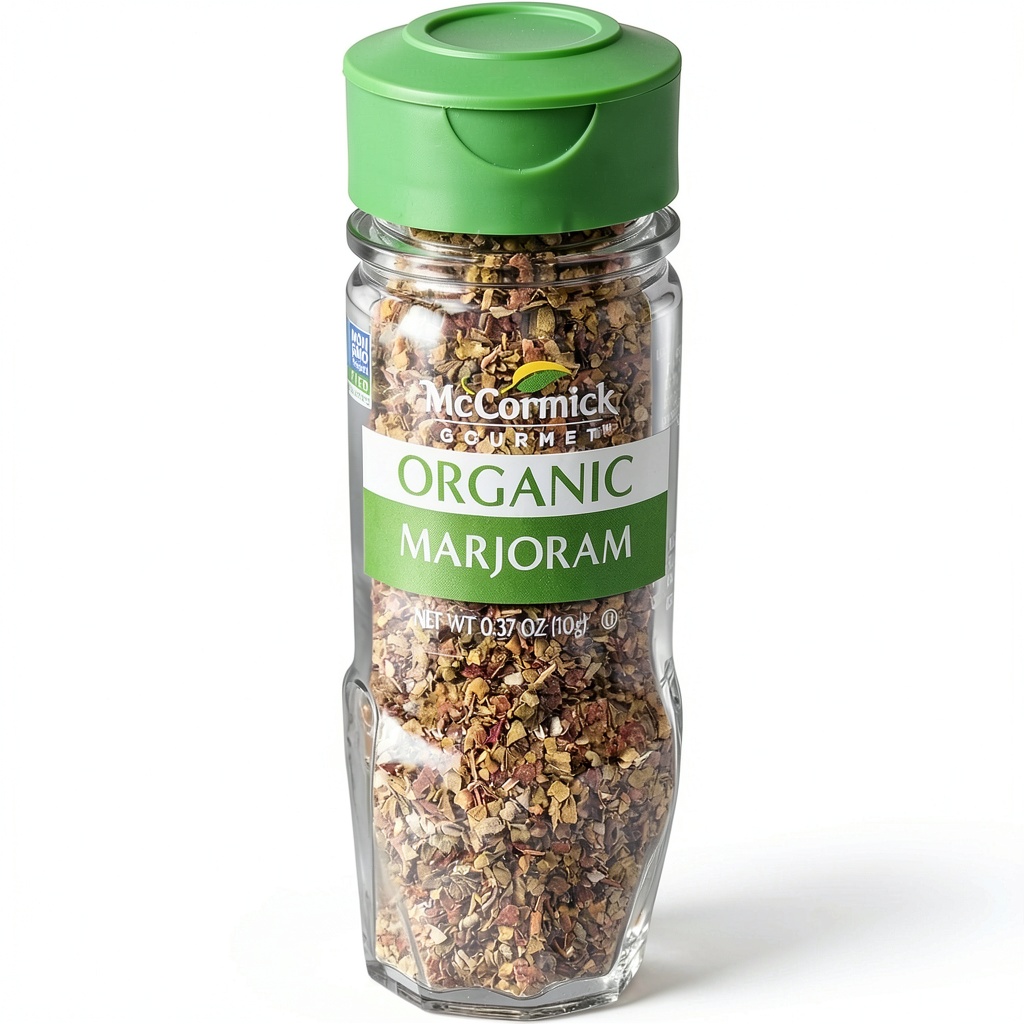 McCormick Organic Marjoram Leaves beside fresh vegetables and cooking ingredients