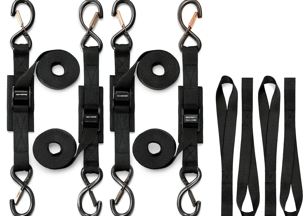 Installing Masterwise Motorcycle Tie-Down Straps 1x8ft Black Nylon Safety Clip on a wooden desk