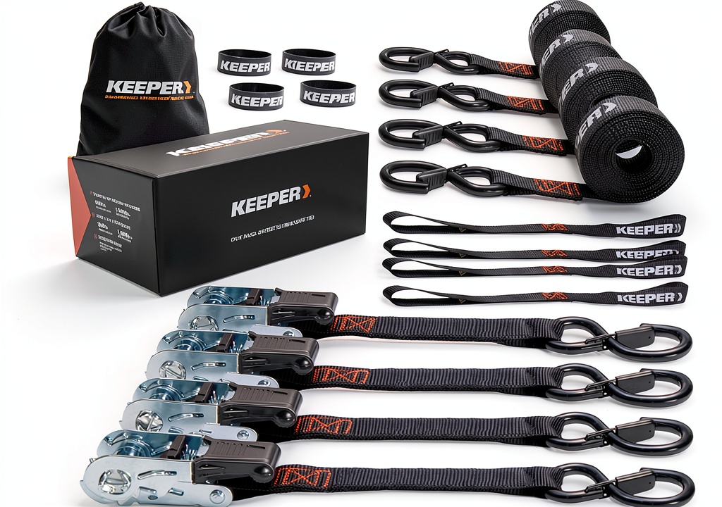 Keeper ratchet tie‑down straps securing a motorcycle on a roof rack
