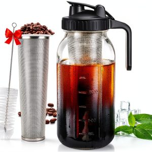 DWTS DANWEITESI Cold Brew Coffee Maker 64 oz,2-Quart Wide Mouth Cold Brew Maker with Stainless Steel Cold Brew Filter-Mason Jar Pitcher with Lid and Spout for Coffee,Iced Coffee Accessories(Black)-0