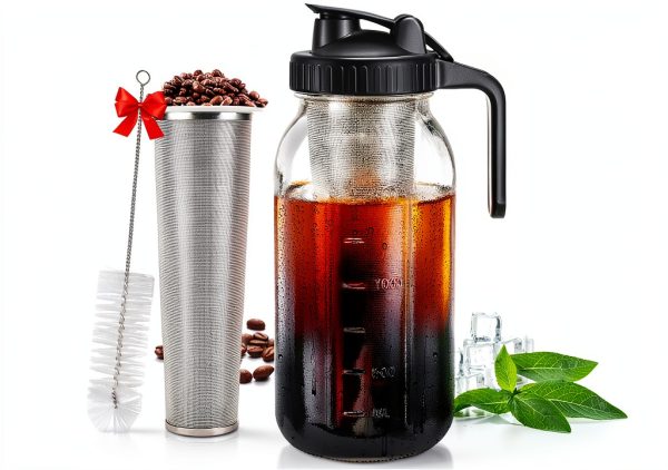 DWTS DANWEITESI Cold Brew Coffee Maker 64 oz,2-Quart Wide Mouth Cold Brew Maker with Stainless Steel Cold Brew Filter-Mason Jar Pitcher with Lid and Spout for Coffee,Iced Coffee Accessories(Black)-0